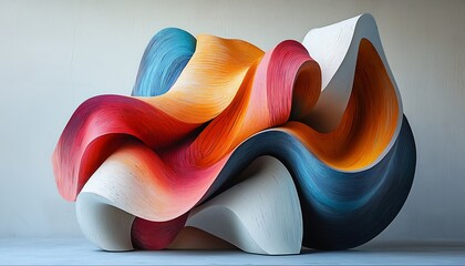 Abstract sculpture, organic curves, fluid shapes, vibrant colors, smooth surfaces, modern art installation, colorful waves, undulating form, seamless blending, gradient hues, minimalist design, flowin