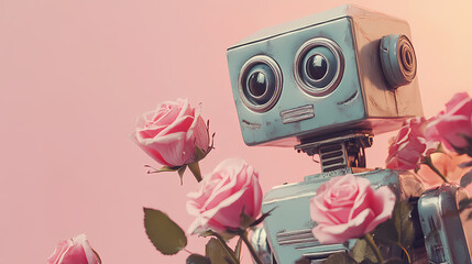 Vintage robot holding pink roses against a pastel pink background, blending retro and futuristic vibes. ideal for tech, valentines, and romantic marketing campaigns. Vintage Robot. Illustration