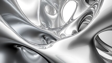Abstract metallic sculpture, liquid mercury, flowing chrome, organic forms, polished silver surface, futuristic design, smooth curves, reflective material, sci-fi aesthetic, surreal art, light and sha