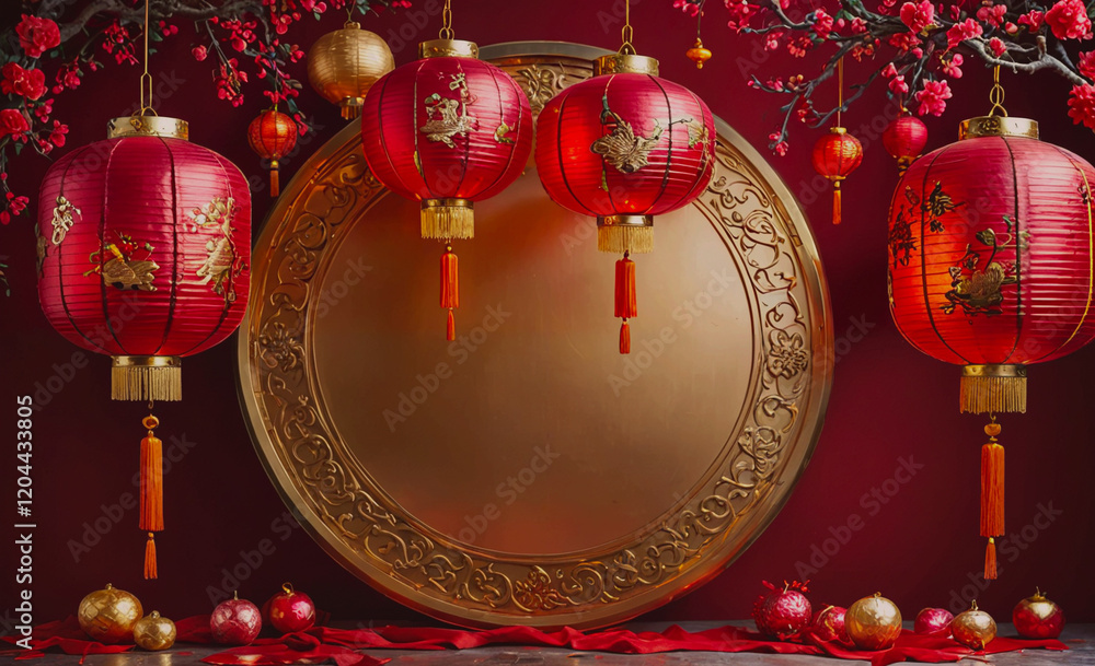 Poster A red and gold table with four red lanterns hanging from it. The lanterns are hanging from the ceiling and are of different sizes. The table is surrounded by red and gold decorations, creating a