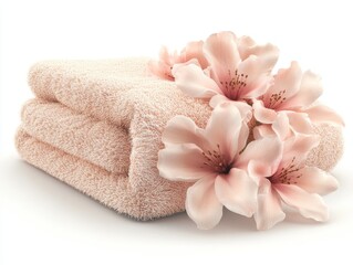 Soft folded towels adorned with pink flowers, capturing elegance, softness, and tranquility in a minimalist spa and wellness themed illustration