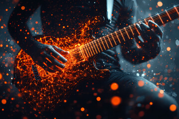 A glowing digital guitarist playing a radiant holographic guitar with neon energy trails