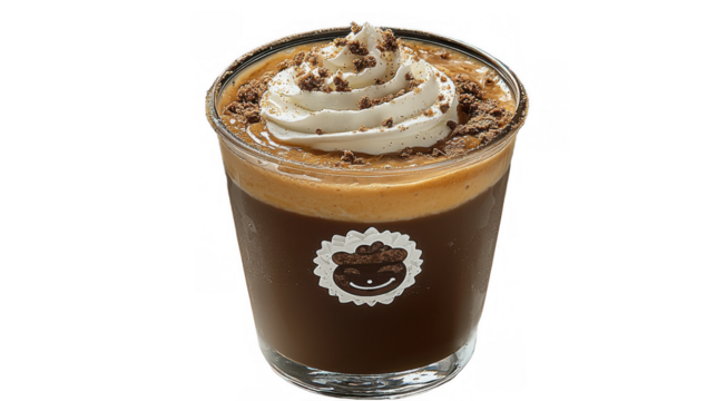 This is a delicious dessert coffee treat featuring a creamy topping and chocolate sprinkles. A delightful and gourmet addition to any meal.