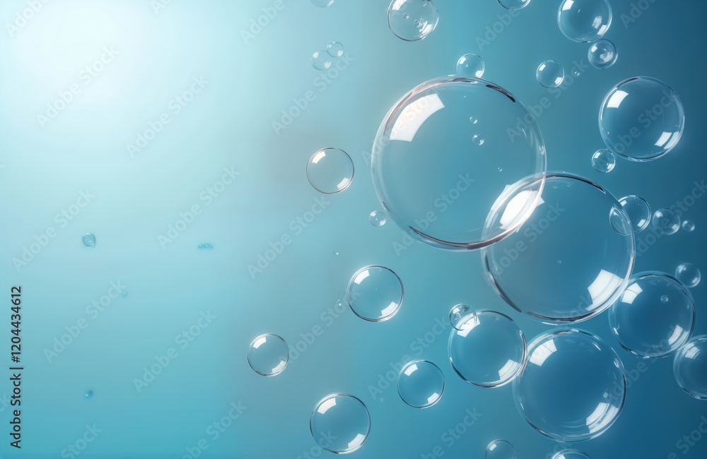 Poster abstract design shows many round bubbles floating in light blue background. transparent spheres vary