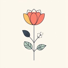Modern floral illustration featuring a vibrant blooming flower on a light background with simple leaf design. Generative AI