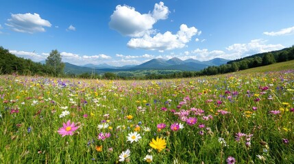 Fototapeta premium Vibrant Wildflower Meadow, Mountain View, Summer Day