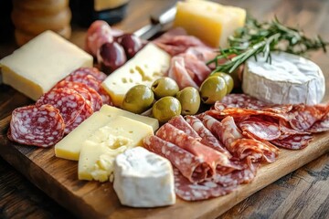 Cheese and Charcuterie Board - An elegant arrangement of different cheeses, cured meats, and olives on a wooden board.