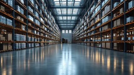 Fototapeta premium Vast warehouse interior with organized shelves, reflecting floor, and bright overhead lighting