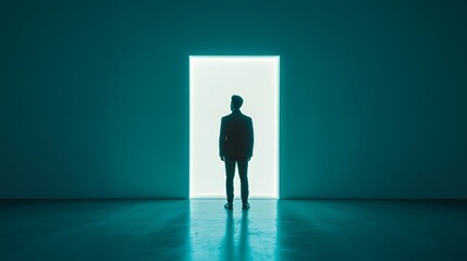 Obraz premium Man Facing Bright Doorway: A Journey into the Unknown