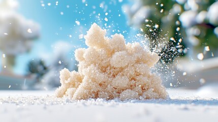 Close-up of a pile of snow being disturbed, with snowflakes flying.