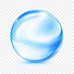 A single, translucent smooth blue sphere with glares and subtle soft shadow beneath it, on transparent background. Vector illustration for design projects and creative works.
