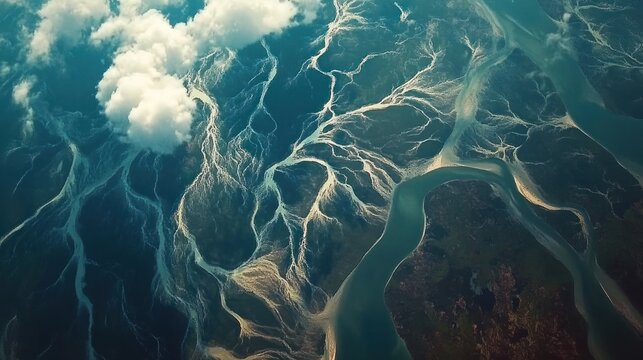 Aerial view of braided river system with multiple channels and clouds above