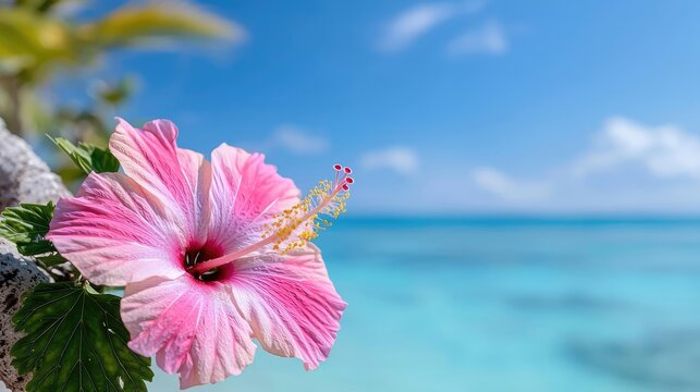 Pink hibiscus flower on tropical beach, ocean background; travel poster - Powered by Adobe
