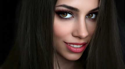 Fototapeta premium Cinematic portrait of mysterious young woman looking at us smiling: Hyperrealistic detail with volumetric lighting, macro texture and ultra-detailed visual effects