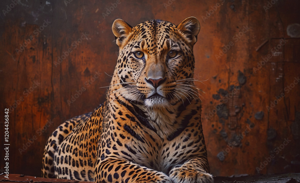 Poster A leopard is laying down on a wooden surface. The leopard is looking at the camera with a curious expression