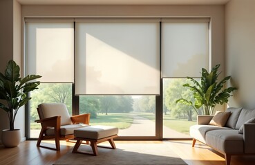 Modern room with automated roller blinds. Light beige blinds cover large windows overlooking park. Comfortable light wooden armchair, ottoman placed near window. Light beige couch positioned in