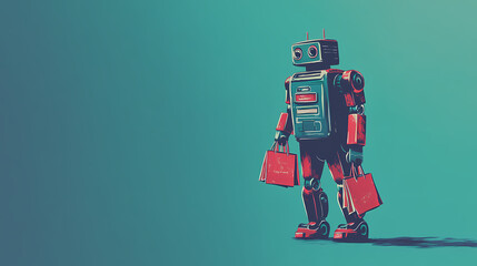 Blue and red vintage robot walking and carrying a shopping bag. Vintage Robot. Illustration