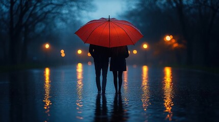 Rainy Night Stroll: A Couple Under a Red Umbrella