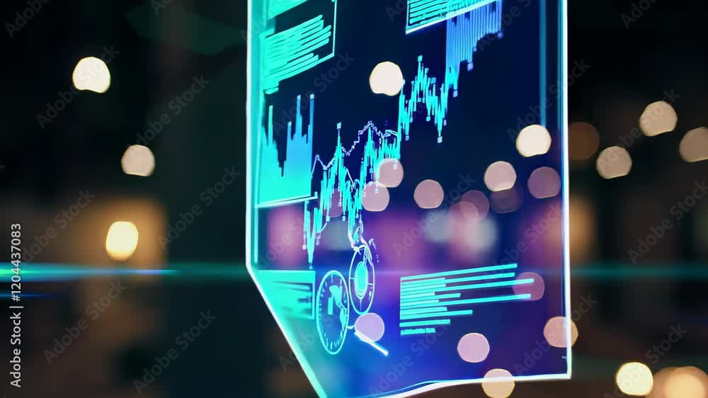 Poster futuristic holographic financial interface with glowing graphs, charts, and a vibrant bokeh backgrou
