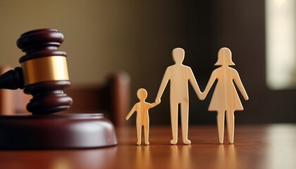 Wooden figurines of family husband wife, kid stand together holding hands on wooden table. Legal gavel in foreground suggests court hearing related to custody issues. Family law case in process.