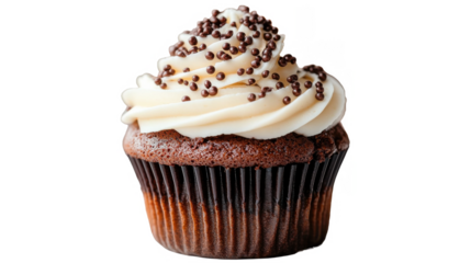 A delicious chocolate cupcake featuring rich creamy frosting topped with chocolate sprinkles, perfect for dessert lovers.