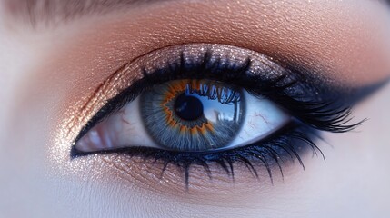 Close-Up Portrait of a Beautiful Woman's Eyes with Vibrant Makeup, Teal and Gold Eyeshadow, Glittering Eyeliner, and Long Eyelashes - Artistic Beauty and Glamour Photography