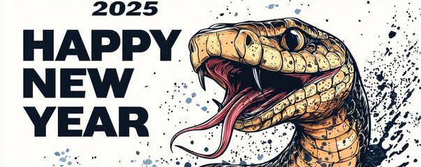 Obraz premium Illustration of a cobra welcoming the new year 2025 with bold text