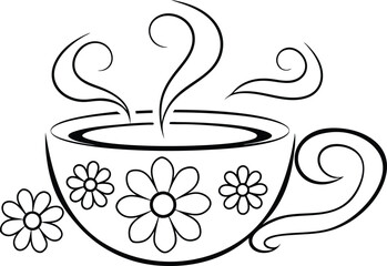 cup of coffee Coffee Mug with Floral Steam Line Art Vector Illustration
