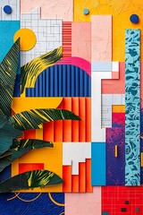 Geometric abstract composition, vibrant colors, paper cut-out style, tropical palm leaves, circles and rectangles, Memphis design influence, layered shapes, bold contrasts, blue and orange accents, re