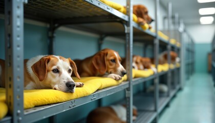 Animal clinic recovery room shows dogs resting in individual kennels. Pets look calm, relaxed. Dogs rest in rows on yellow beds inside metal kennels. Room clean, well-organized. Dogs likely