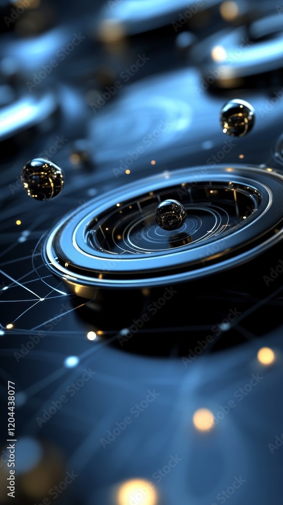 Poster dynamic interplay of spheres and concentric rings in a sleek, dark environment illustrating chaos an