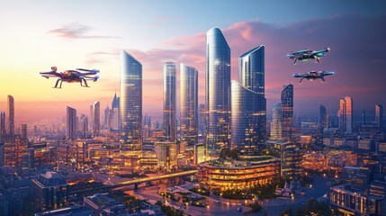 Fototapeta premium Drones flying over a futuristic city skyline at sunset