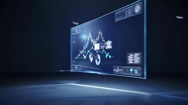 Futuristic blue holographic interface displaying data analytics and graphs in a high-tech environment.