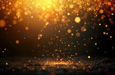 Fototapeta premium Golden glittering particles splash on dark background. Sparkling particles fall. Abstract texture. Luxurious shine. Elegant design. Futuristic illustration. Magical effect. Dynamic motion. Visual