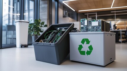 Recycle bins with electronic waste, showcasing efficient e-waste disposal practices in a contemporary office space.