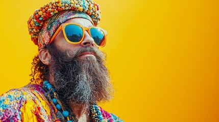 Obraz premium A man with a beard in a bright carnival costume and colorful glasses on a yellow background