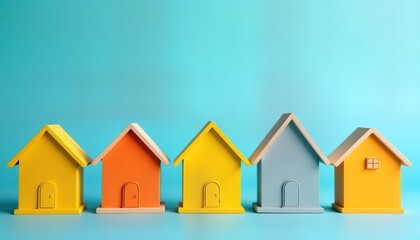 Colorful miniature houses in row against vibrant light blue background. Simple design creates cheerful scene. Houses showcase variety of colors, suggesting diverse housing options. Concept photo for