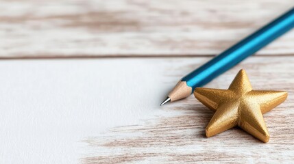 Gold star, pencil on wooden desk, blank paper; goal, success