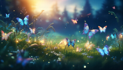 Butterflies and Dewy Wildflowers in Sunlit Meadow