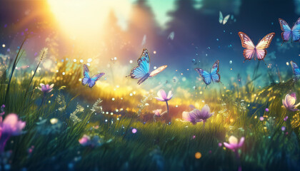 Butterflies and Dewy Wildflowers in Sunlit Meadow