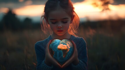 Girl holding heart shaped earth globe world kindness day