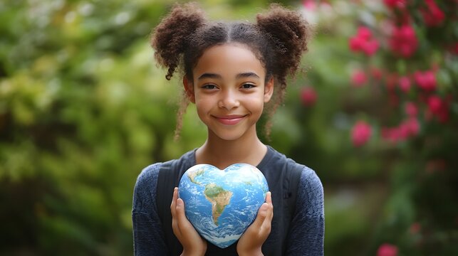 Girl holding heart shaped earth globe world kindness day - Powered by Adobe