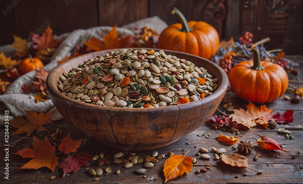 Poster a bowl of nuts and seeds is on a table with a pile of autumn leaves. the bowl is full of different t