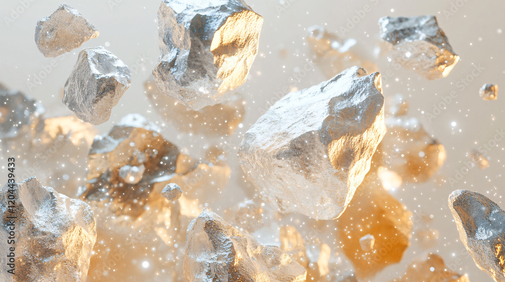 Poster a mesmerizing scene of metallic and crystal rocks floating in warm golden light creating a futuristi
