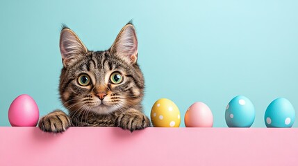 A creative animal-themed concept featuring Easter eggs and cat peeking over a pastel bright background, perfect for advertisements, banners, or cards, with space for copy 