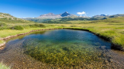 Mountain lake reflecting clear sky, alpine meadow background, summer travel destination