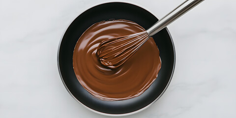 Melted chocolate being whisked in a pan. Perfect for desserts and confectionery.