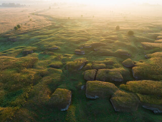 A person with a Siberian husky dog on a karst landscape background (drone view).