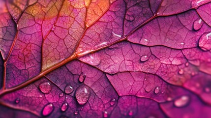 Fototapeta premium Close-up of a vibrant pink leaf with water droplets, showcasing intricate vein patterns and textures.