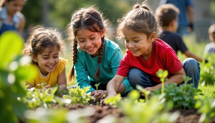 Children planting seedlings in community garden. Kids enthusiastically tending plants, flowers. Enjoy outdoor eco activity. Group learning environment. Children express through gardening.
